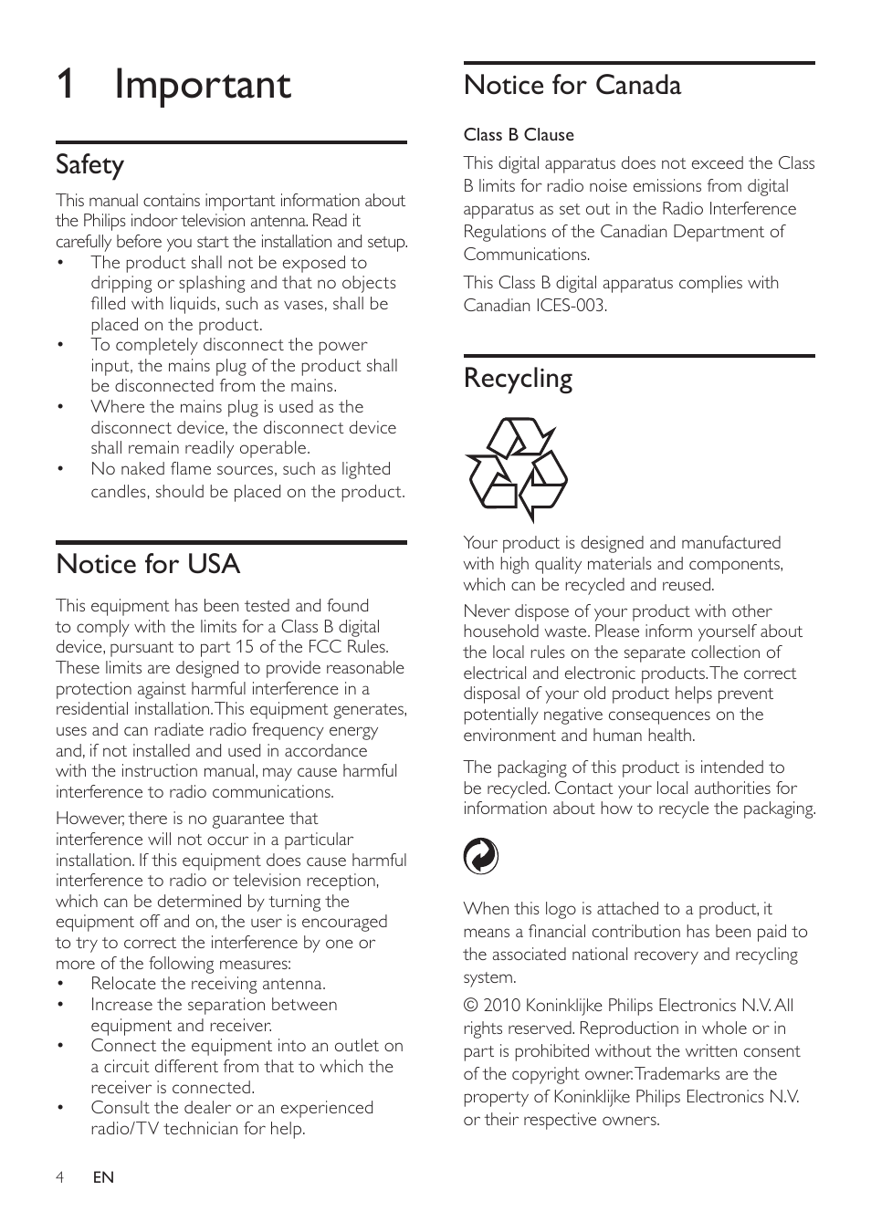 1 important, Safety, Notice for usa | Notice for canada, Recycling | Philips SDV6122T/27 User Manual | Page 4 / 10