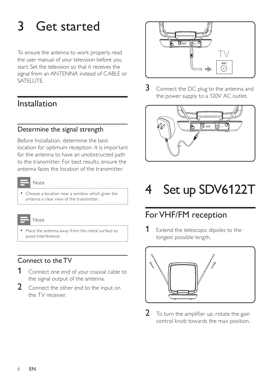 3 get started, Installation, Determine the signal strength | Connect to the tv, 4 set up sdv6122t, For vhf/fm reception | Philips SDV6122T/27 User Manual | Page 6 / 10