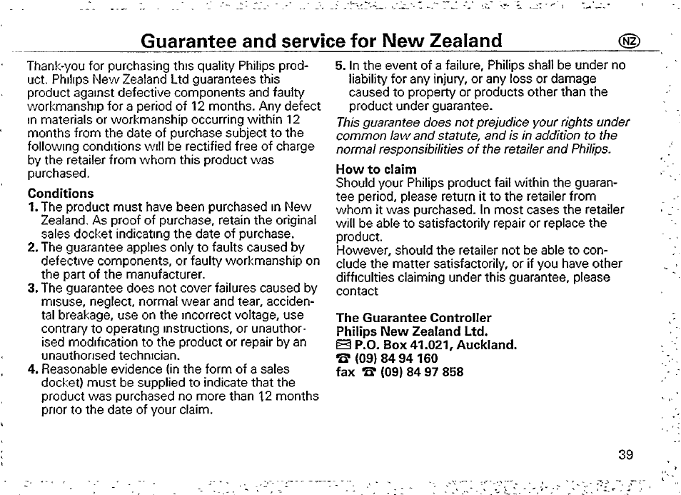 Guarantee and service for new zealand | Philips AQ6542/01 User Manual | Page 9 / 13