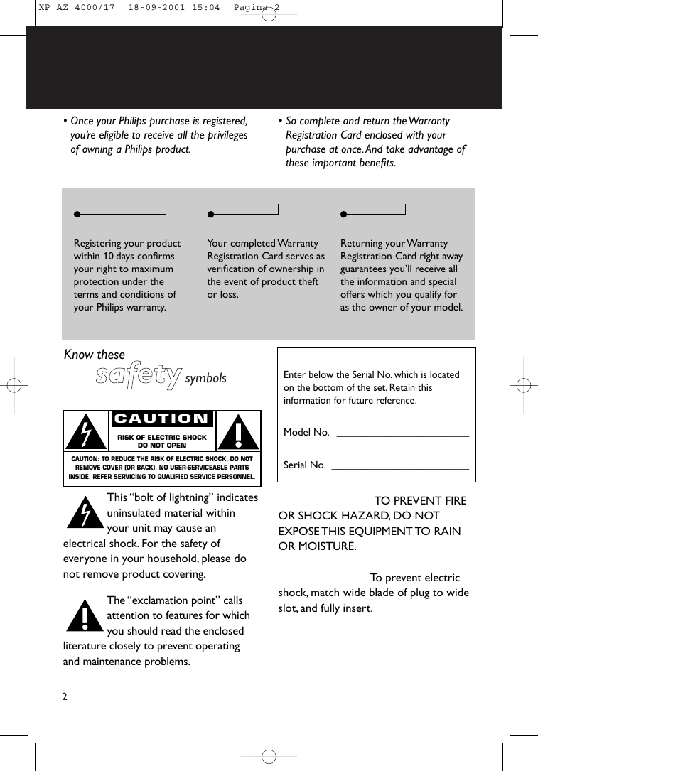 Ssa affe etty y, Warranty verification, Owner confirmation | Model registration, Warning, Caution | Philips EXPANIUM 4000AZ User Manual | Page 2 / 20