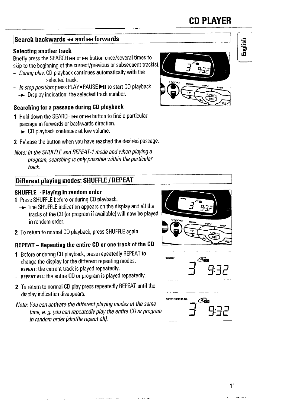 Search backwards m-4 and ►>< forwards, Different playing modes: shuffle/ repeat, J з■■зг | Cd player | Philips AZ 2804 User Manual | Page 11 / 23