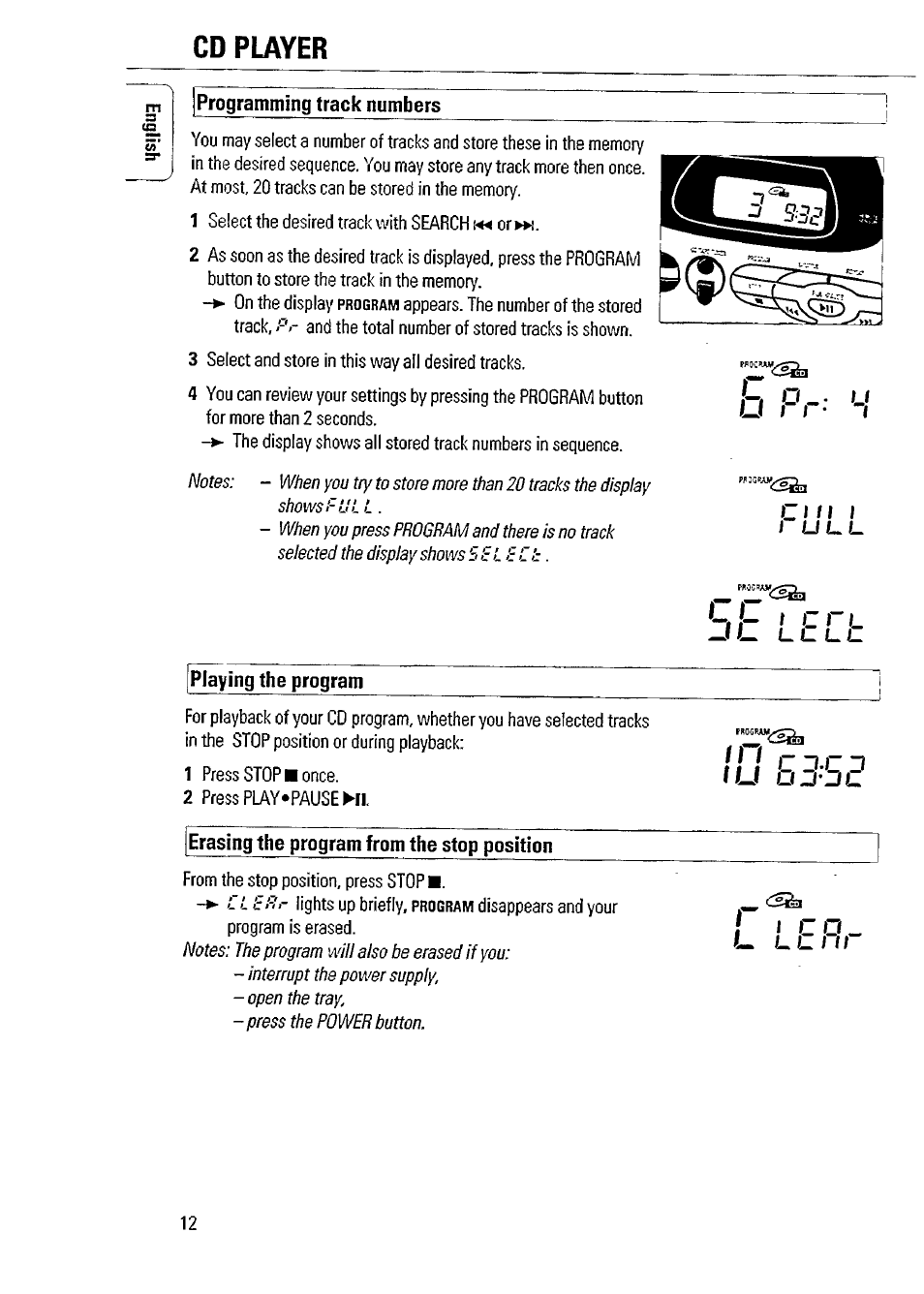 Programming track numbers, Playing the program, Erasing the program from the stop position | U i i - i, Cd player, Lu bd-jd | Philips AZ 2804 User Manual | Page 12 / 23