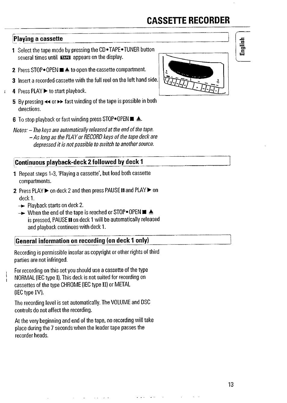 Playing a cassette, Continuous playback-deck 2followed by deck 1, General information on recording (on deck 1 only) | Cassehe recorder | Philips AZ 2804 User Manual | Page 13 / 23