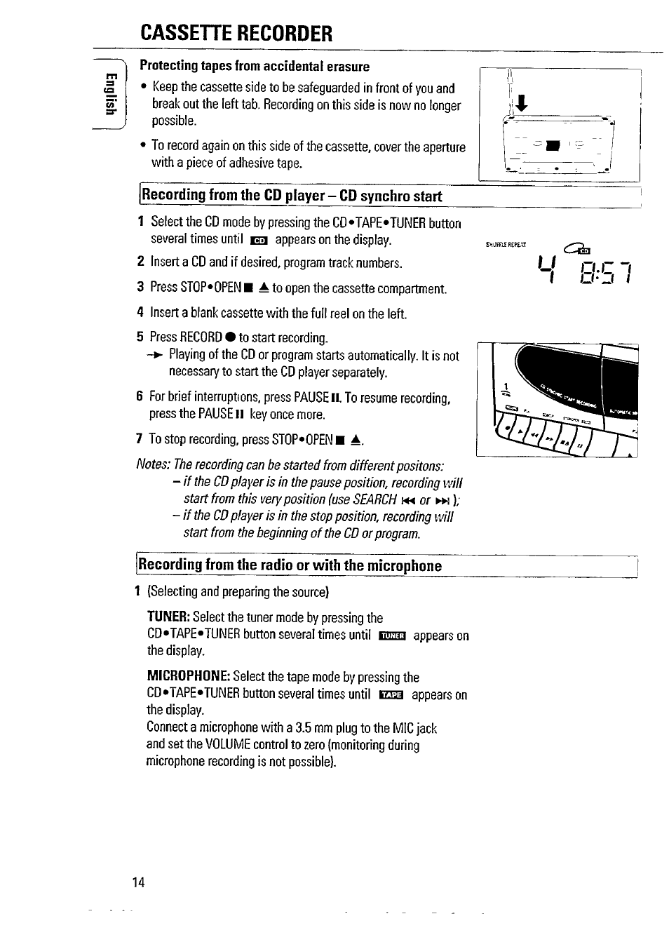 Recording from the cd player - cd synchro start, Recording from the radio or with the microphone, Cassehe recorder | Philips AZ 2804 User Manual | Page 14 / 23