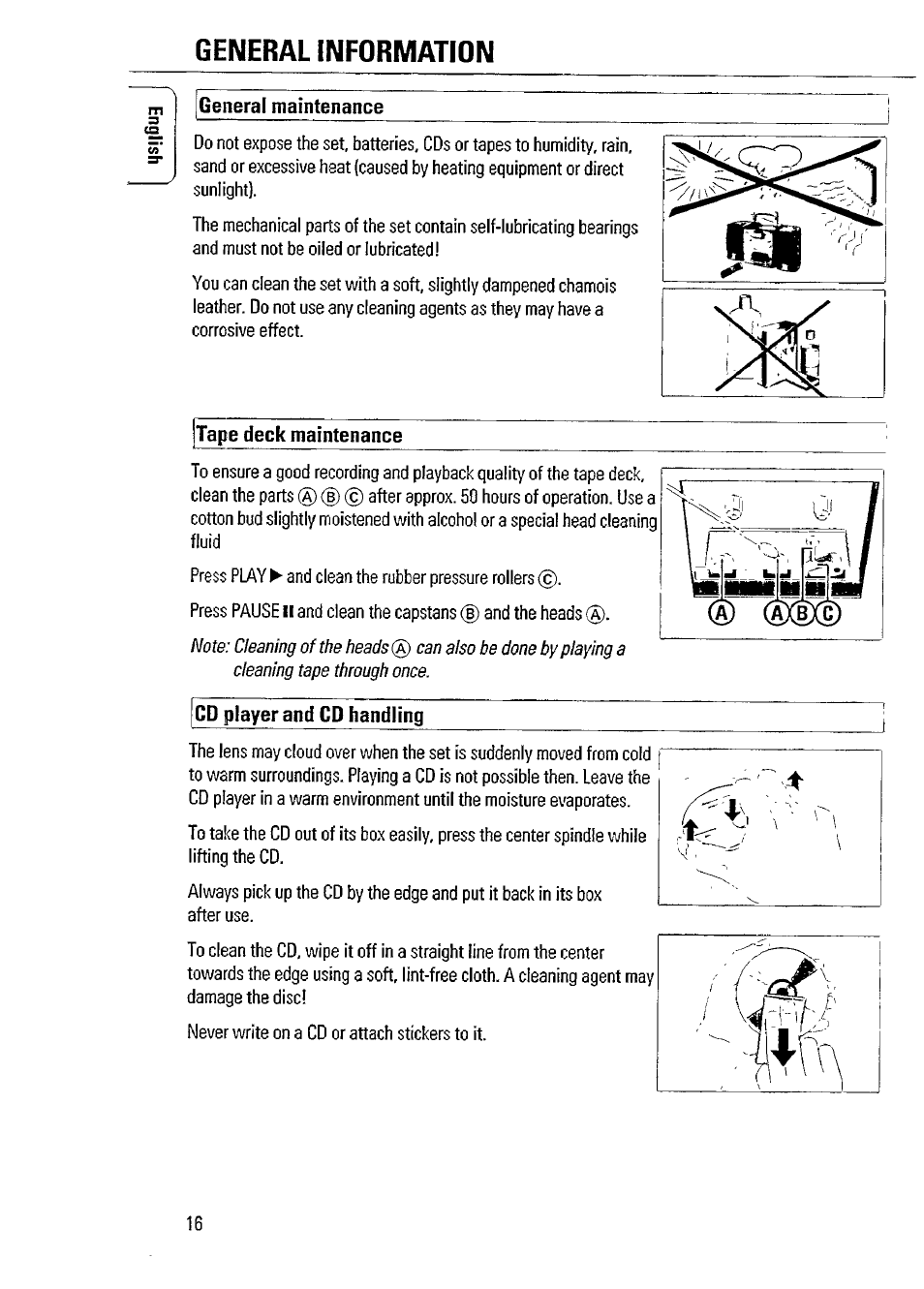 General maintenance, Tape deck maintenance, Cd player and cd handling | General information | Philips AZ 2804 User Manual | Page 16 / 23