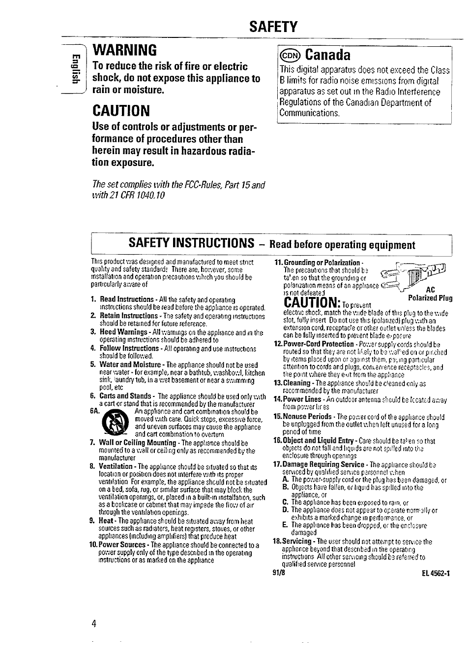 Cautio nl, Safety, Warning | Caution, Canada, Safety instructions, Read before operating equipment | Philips AZ 2804 User Manual | Page 4 / 23