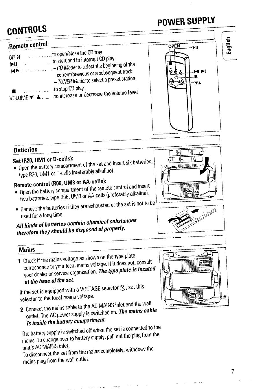 Remote control, Batteries, Mains | Controls power supply | Philips AZ 2804 User Manual | Page 7 / 23