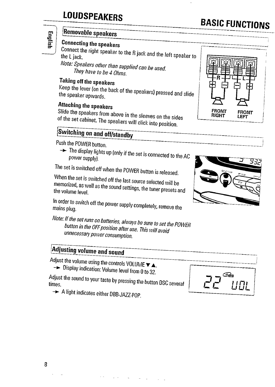 Removable speakers, Switching on and off/standby, Adjusting volume and sound | Loudspeakers basic functions | Philips AZ 2804 User Manual | Page 8 / 23