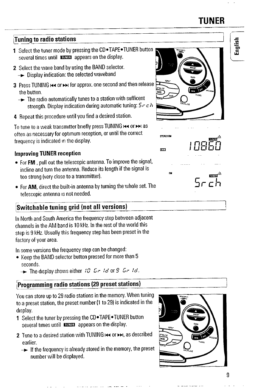 Ituning to radio stations, Jswitchable tuning grid (not all versions), Jprogramniing radio stations (29 preset stations) | Npcn, Tuner | Philips AZ 2804 User Manual | Page 9 / 23