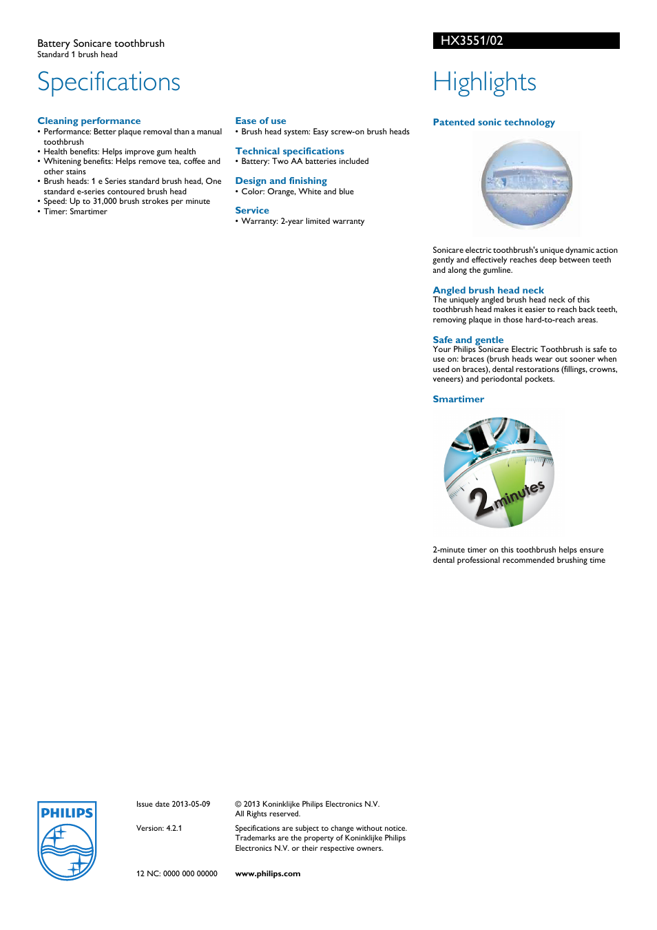 Specifications, Highlights | Philips HX3551 User Manual | Page 2 / 2