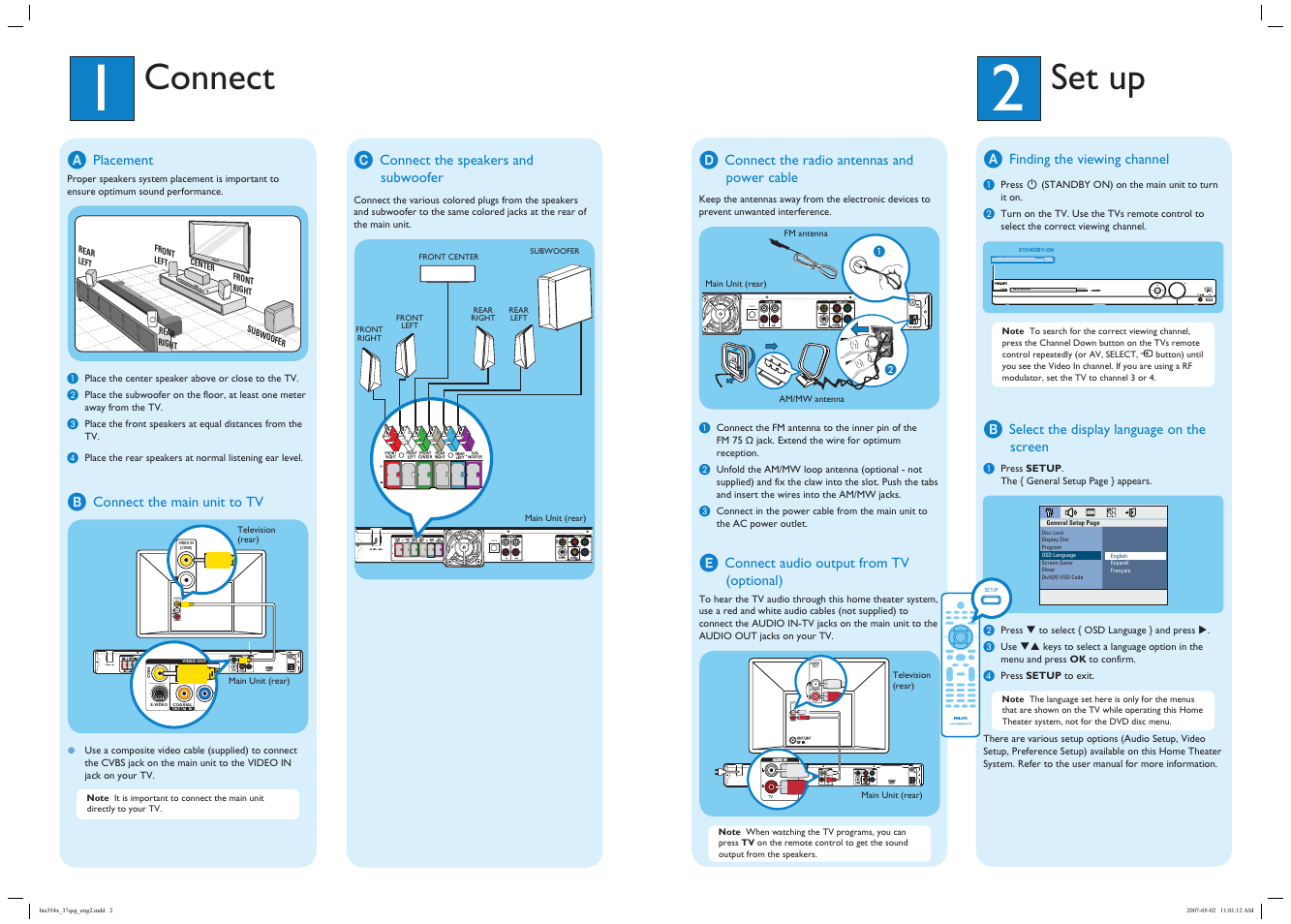 Connect, Set up, Dock | Video in (cvbs), Audio out audio in, Audio out | Philips HTS3544 User Manual | Page 2 / 2