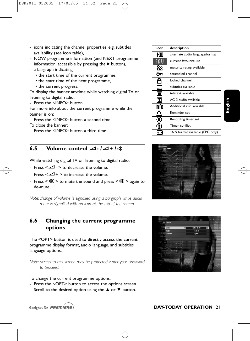 5 volume control, 6 changing the current programme options | Philips DSR2010 User Manual | Page 21 / 49