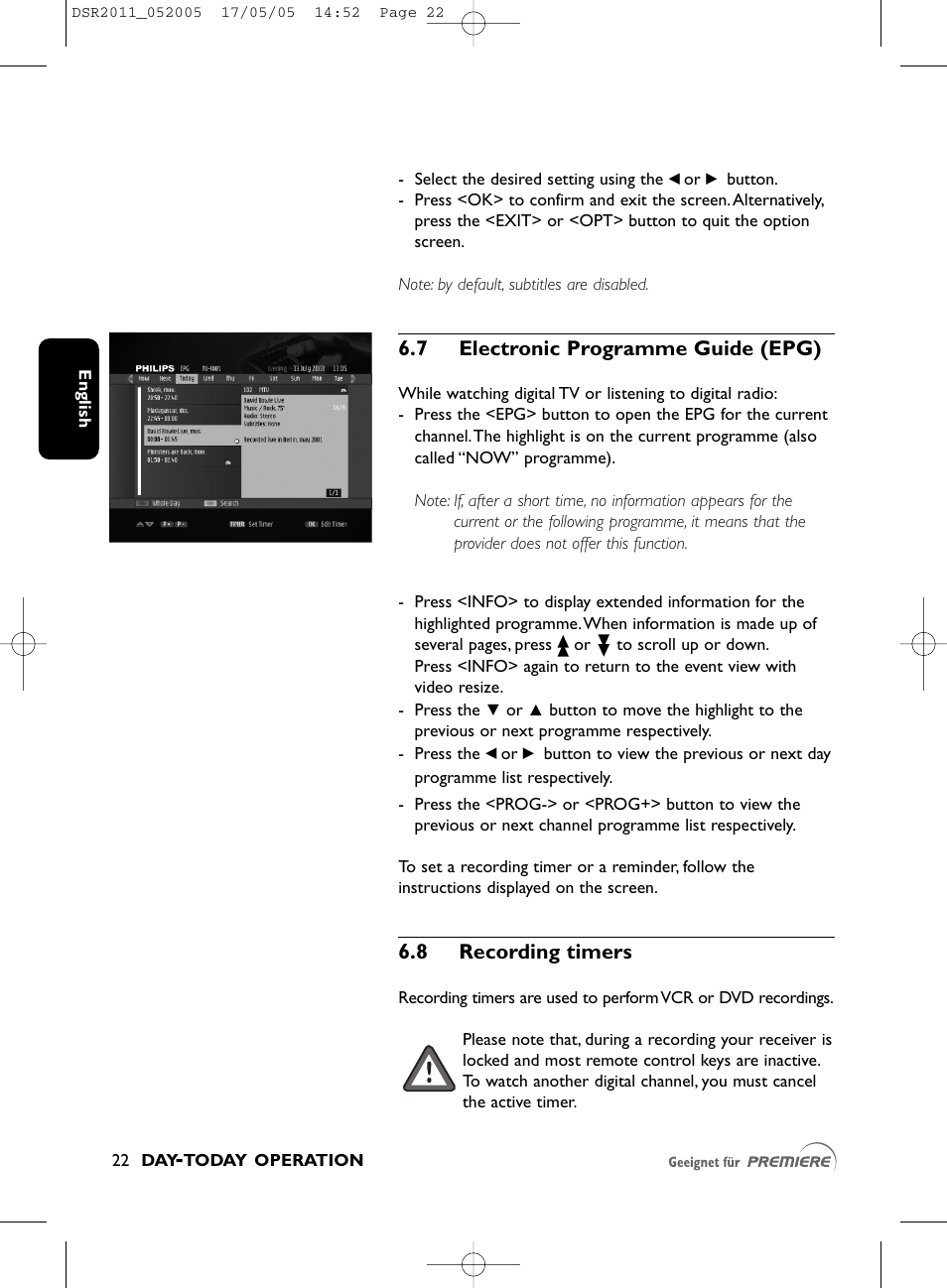 7 electronic programme guide (epg), 8 recording timers | Philips DSR2010 User Manual | Page 22 / 49