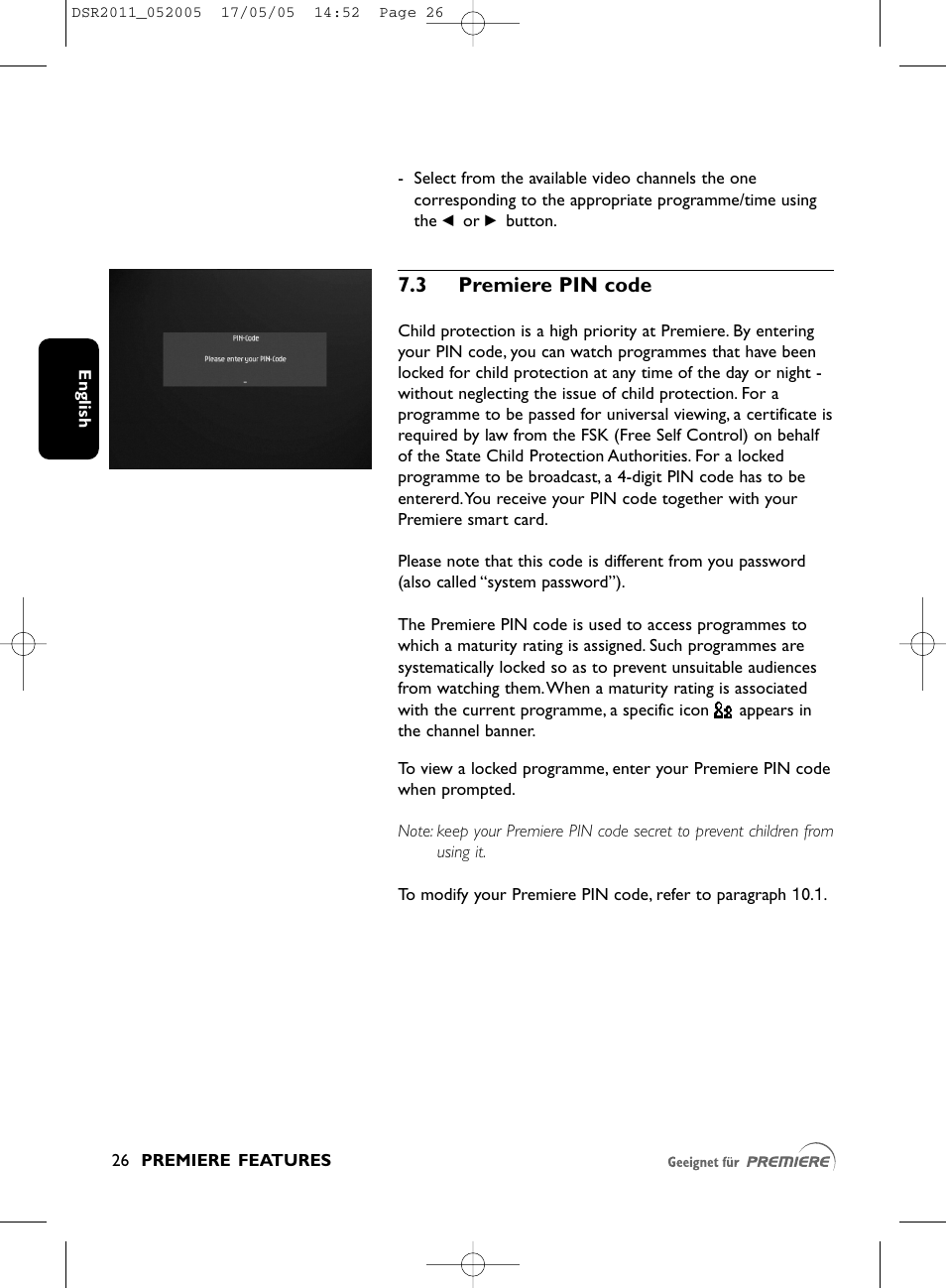 3 premiere pin code | Philips DSR2010 User Manual | Page 26 / 49