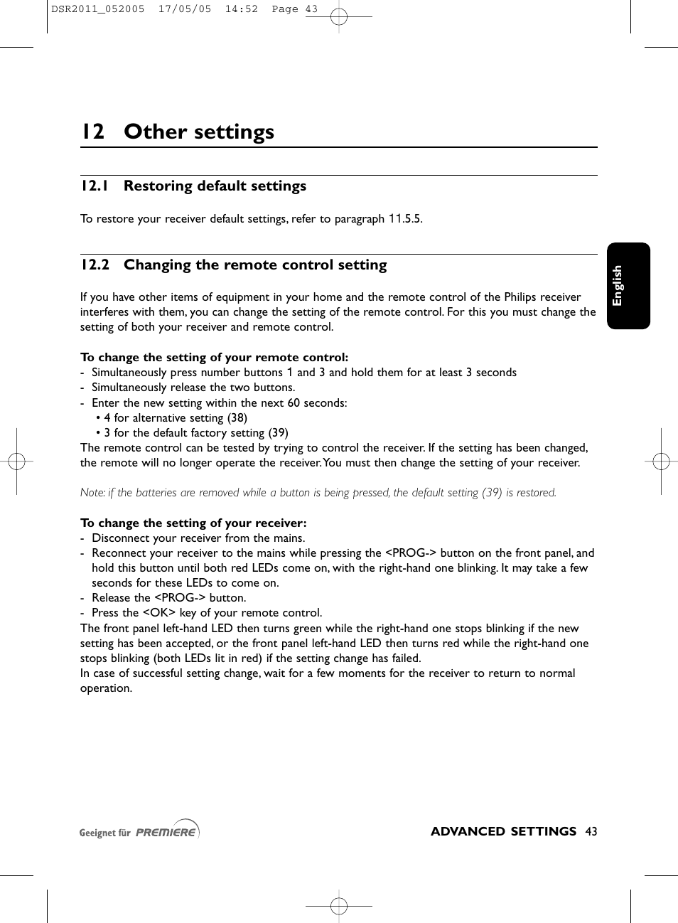 12 other settings | Philips DSR2010 User Manual | Page 43 / 49