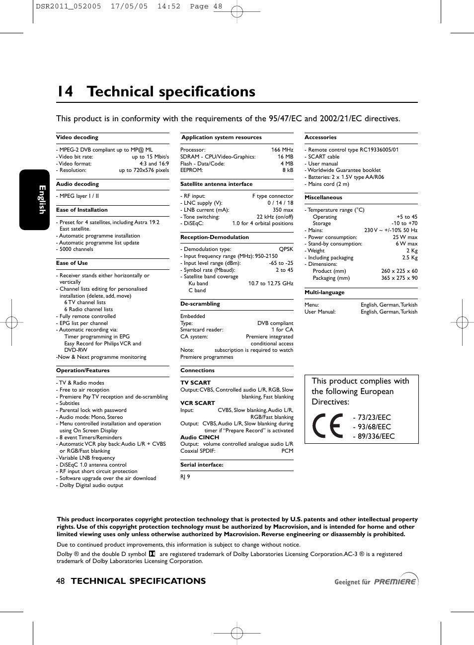 14 technical specifications, En g lis h 48 technical specifications | Philips DSR2010 User Manual | Page 48 / 49