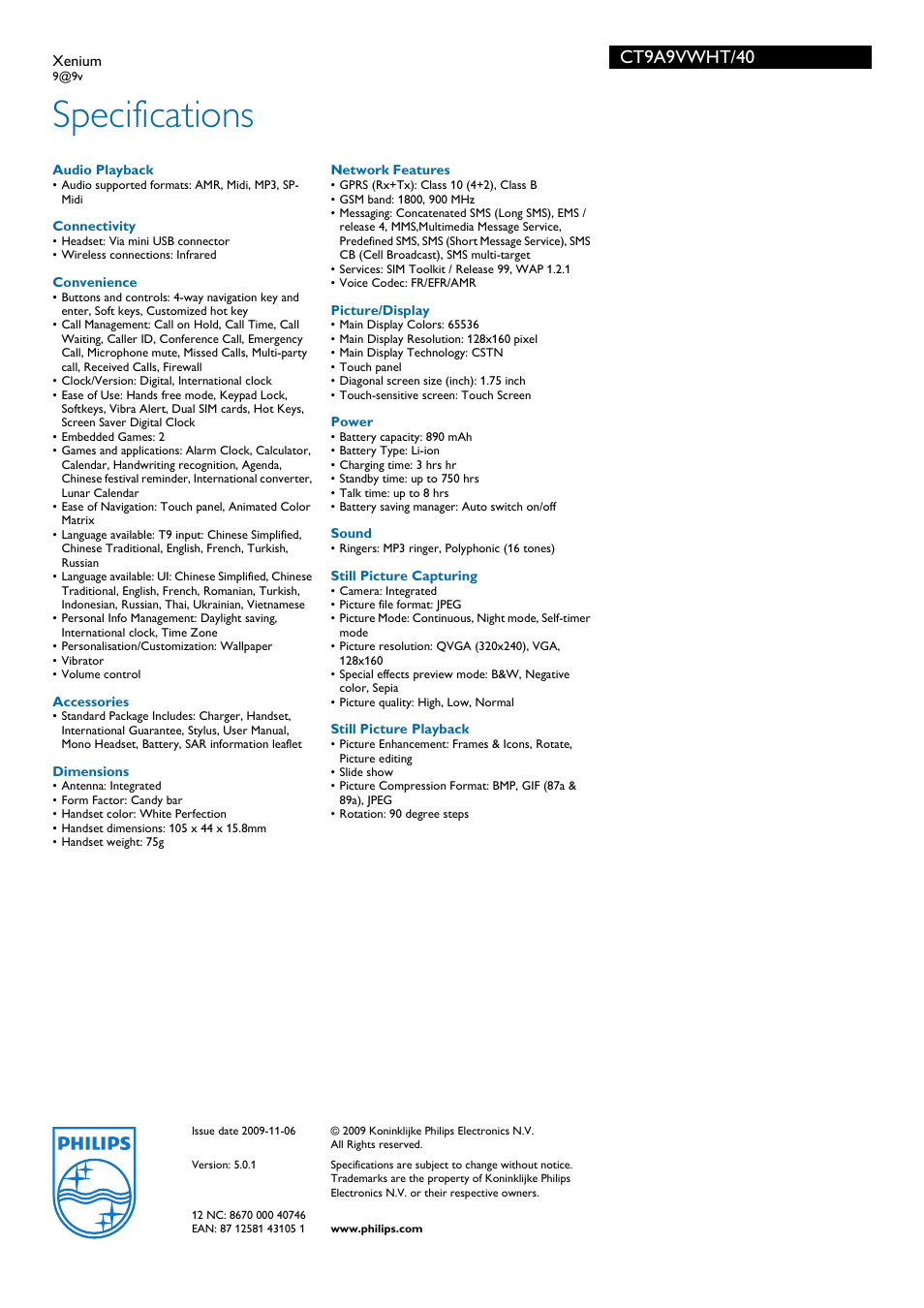 Specifications, Ct9a9vwht/40 | Philips CT9A9VWHT User Manual | Page 3 / 3