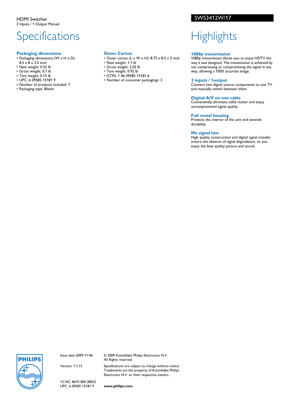 Specifications, Highlights | Philips SWS3412W User Manual | Page 2 / 2