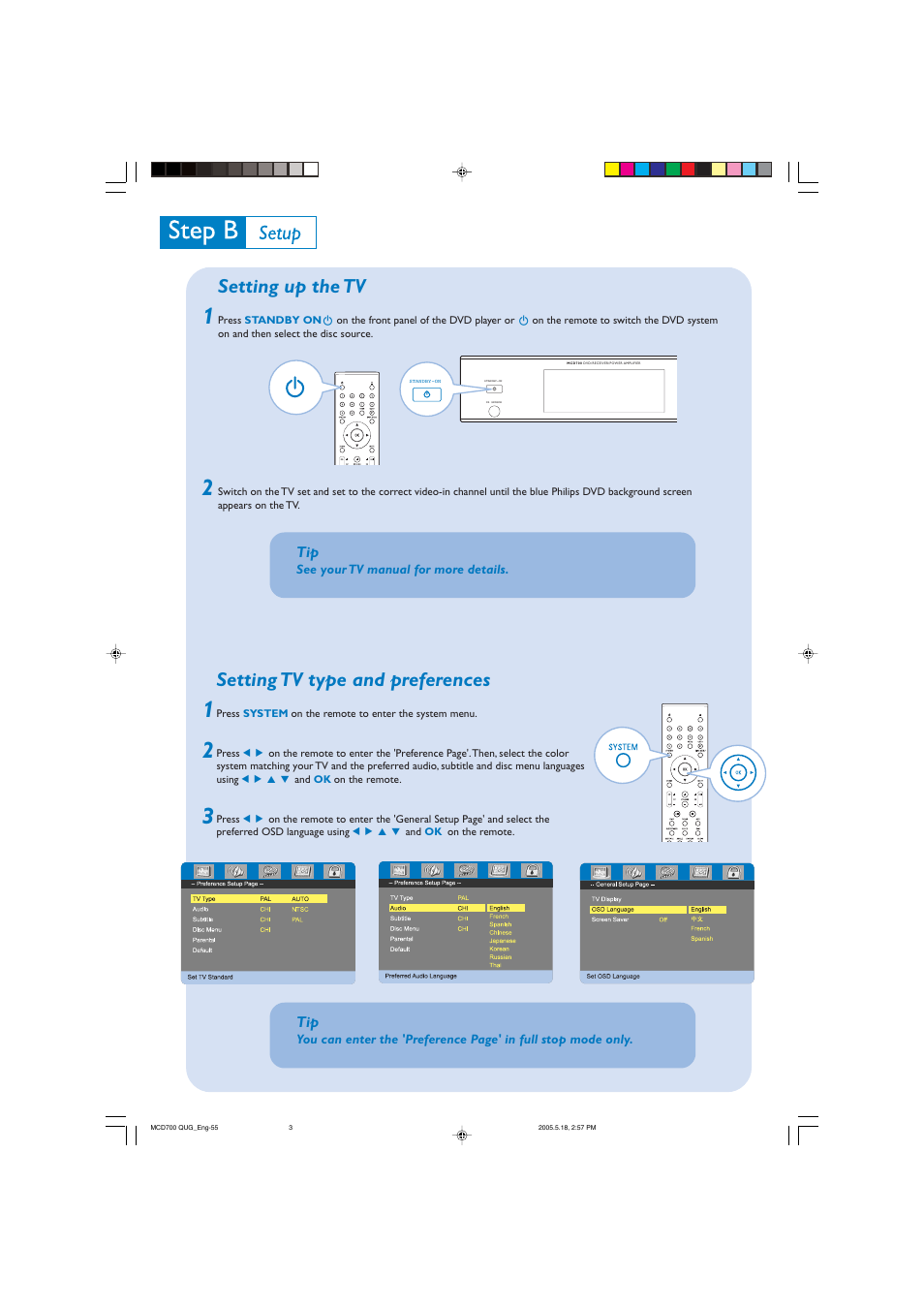 Setting up the tv, Setting tv type and preferences | Philips MCD 700 User Manual | Page 3 / 4