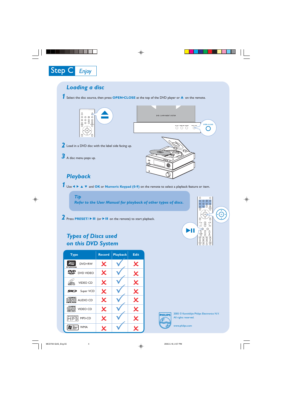 Loading a disc, Playback, Types of discs used on this dvd system | Philips MCD 700 User Manual | Page 4 / 4