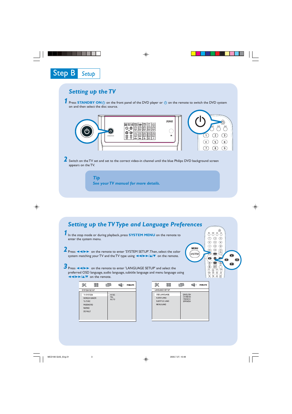 Setting up the tv, Setting up the tv type and language preferences | Philips MCD 190 User Manual | Page 3 / 4