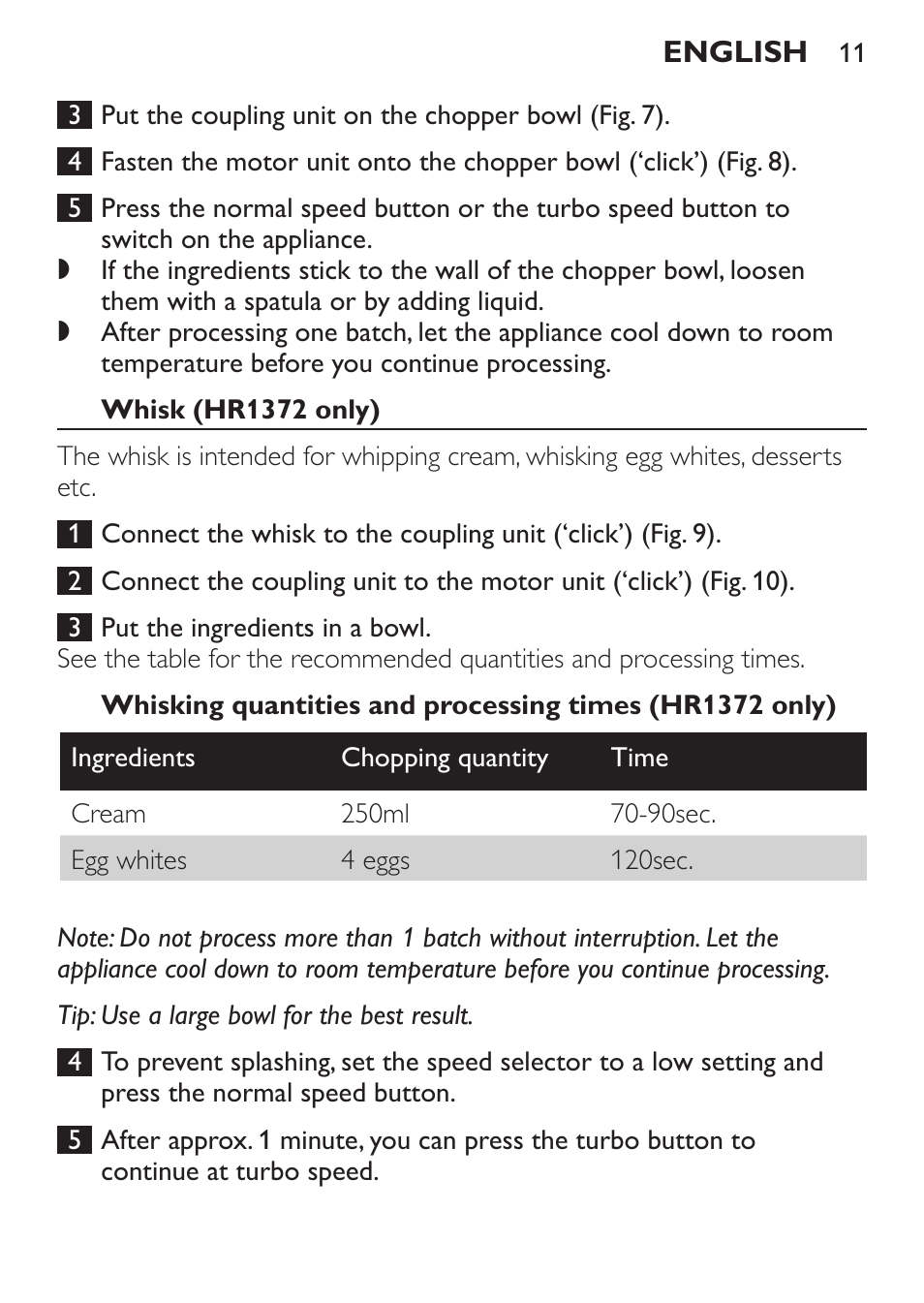 Whisk (hr1372 only) | Philips HR1371 User Manual | Page 11 / 156