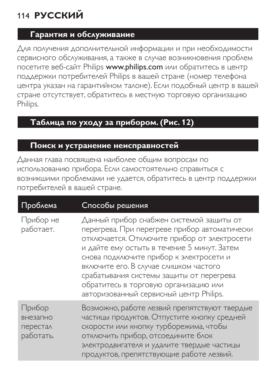 Гарантия и обслуживание, Таблица по уходу за прибором. (рис. 12), Поиск и устранение неисправностей | Philips HR1371 User Manual | Page 114 / 156