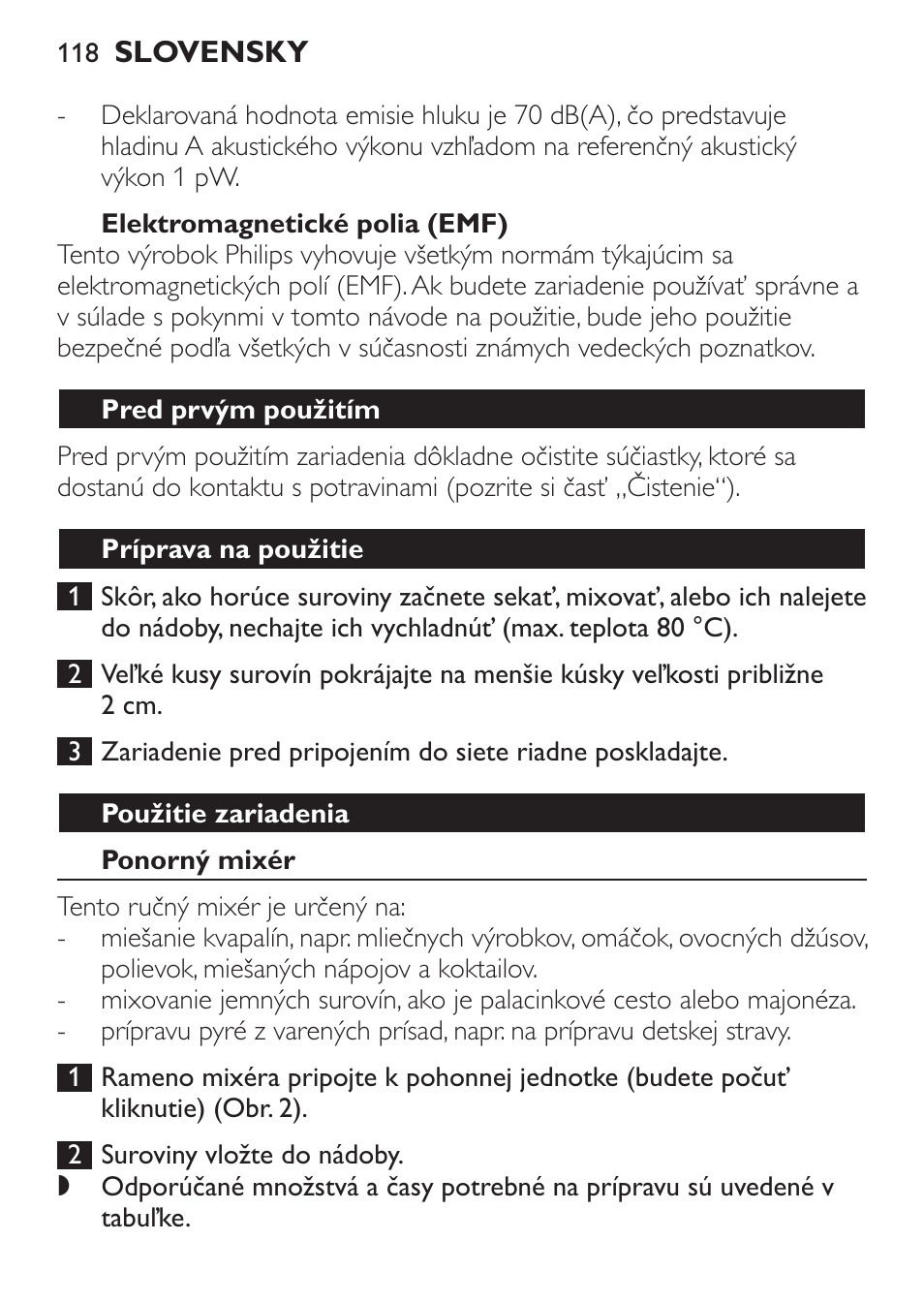 Elektromagnetické polia (emf), Pred prvým použitím, Príprava na použitie | Použitie zariadenia, Ponorný mixér | Philips HR1371 User Manual | Page 118 / 156