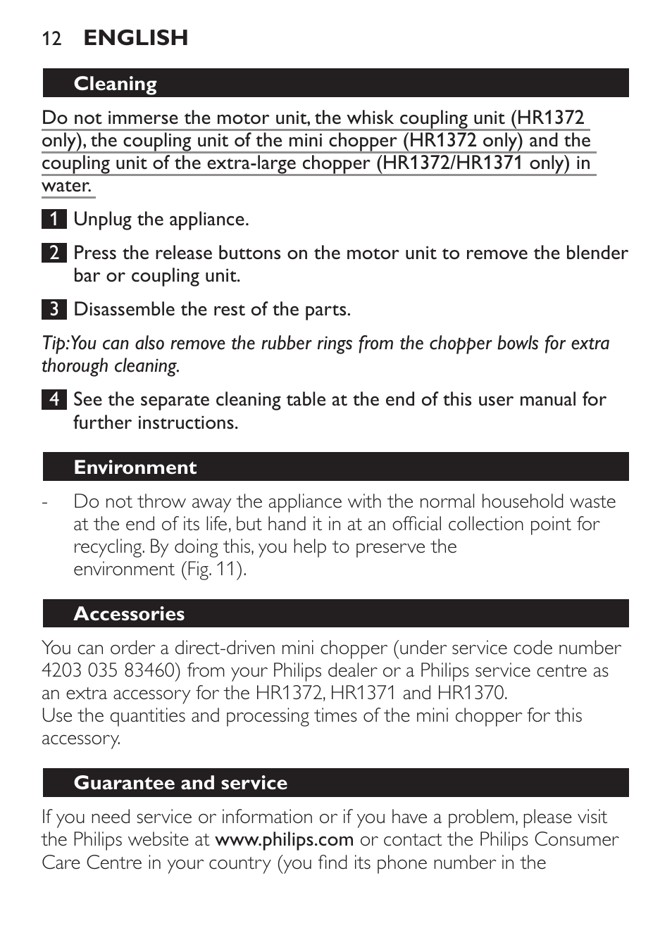 Cleaning, Environment, Accessories | Guarantee and service | Philips HR1371 User Manual | Page 12 / 156