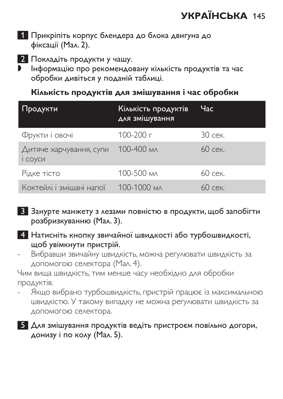 Кількість продуктів для змішування і час обробки | Philips HR1371 User Manual | Page 145 / 156