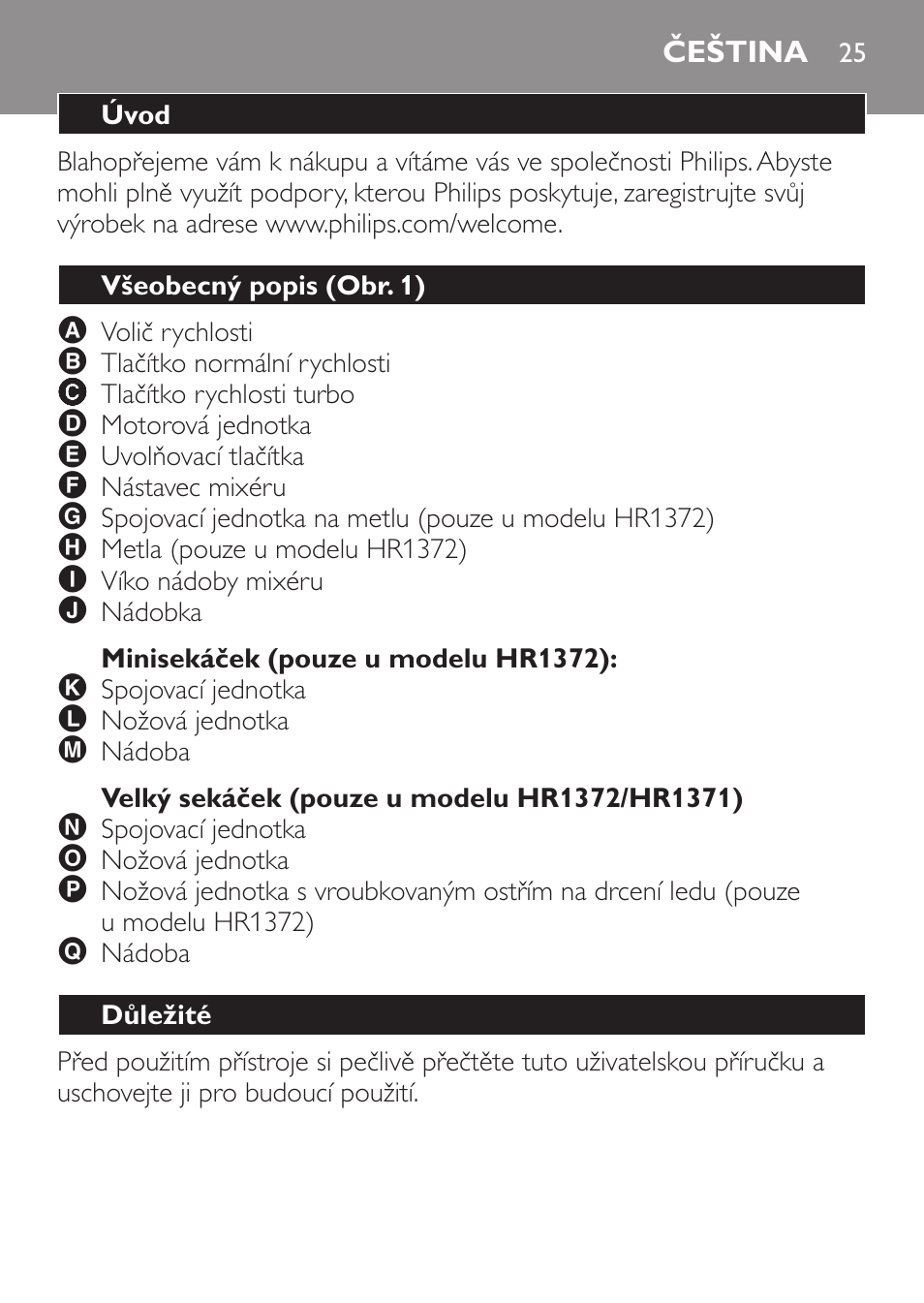 Minisekáček (pouze u modelu hr1372), Velký sekáček (pouze u modelu hr1372/hr1371), Čeština | Úvod, Všeobecný popis (obr. 1), Důležité | Philips HR1371 User Manual | Page 25 / 156