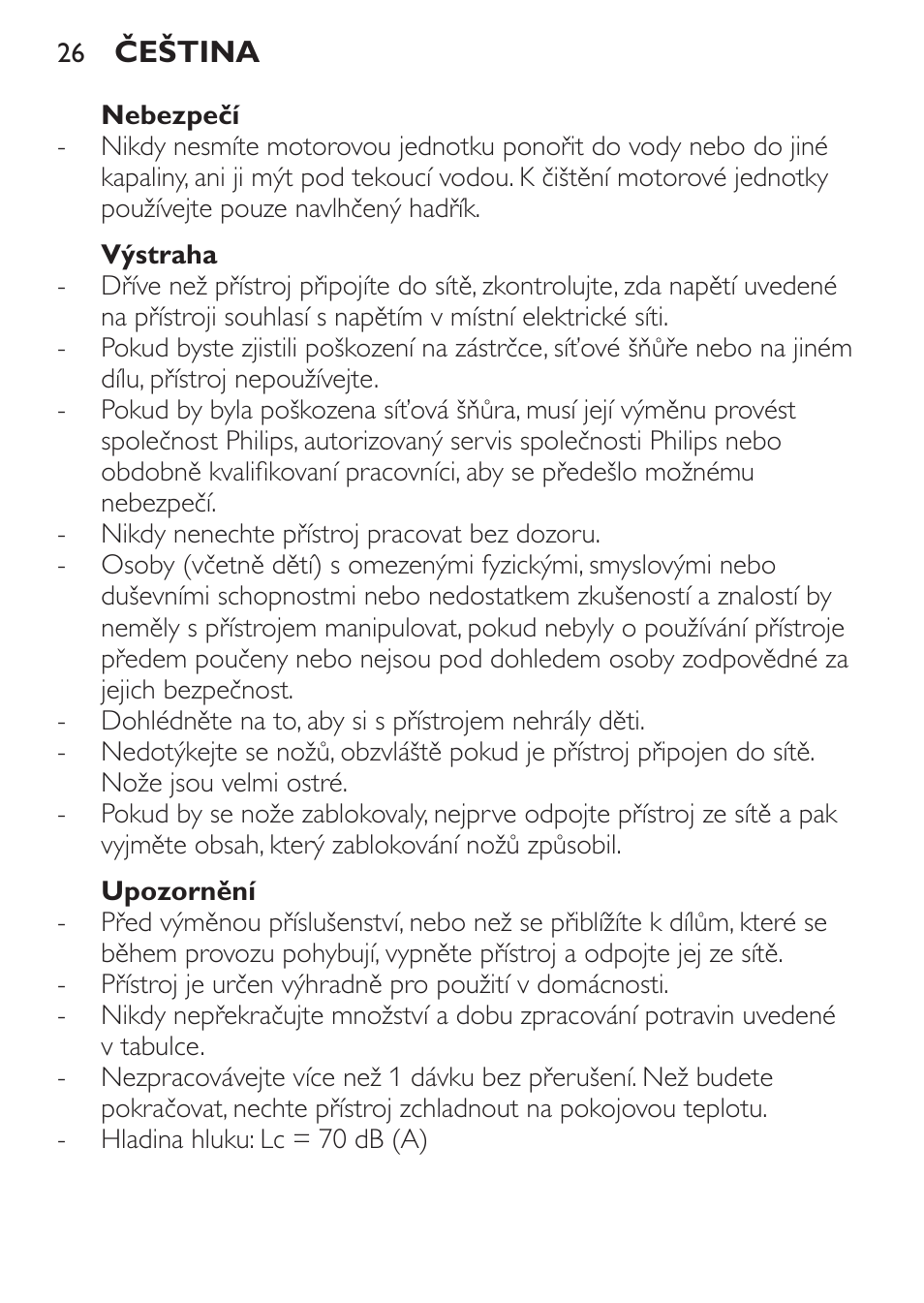 Nebezpečí, Výstraha, Upozornění | Philips HR1371 User Manual | Page 26 / 156