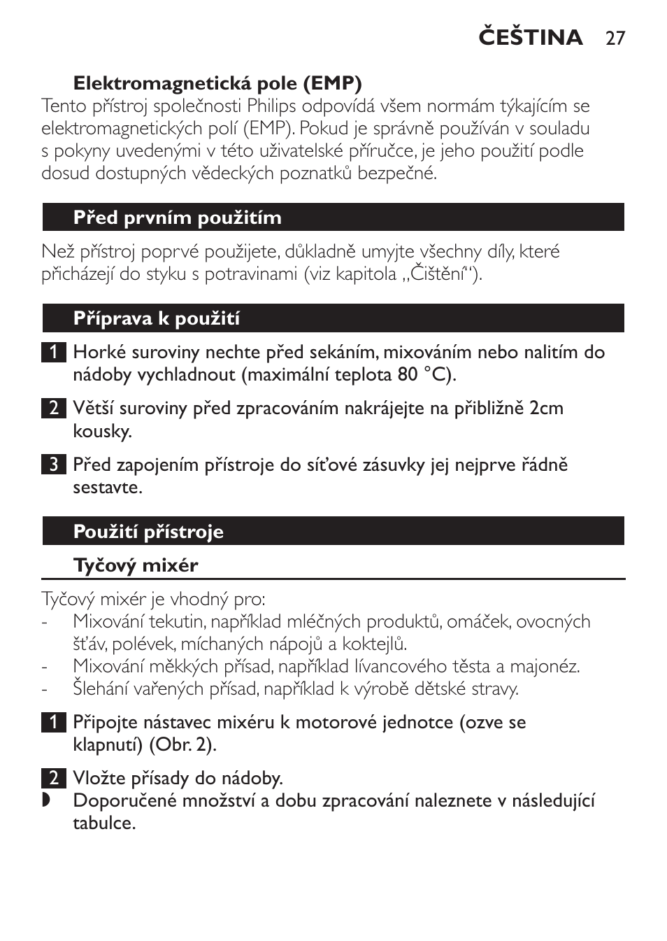 Elektromagnetická pole (emp), Před prvním použitím, Příprava k použití | Použití přístroje, Tyčový mixér | Philips HR1371 User Manual | Page 27 / 156