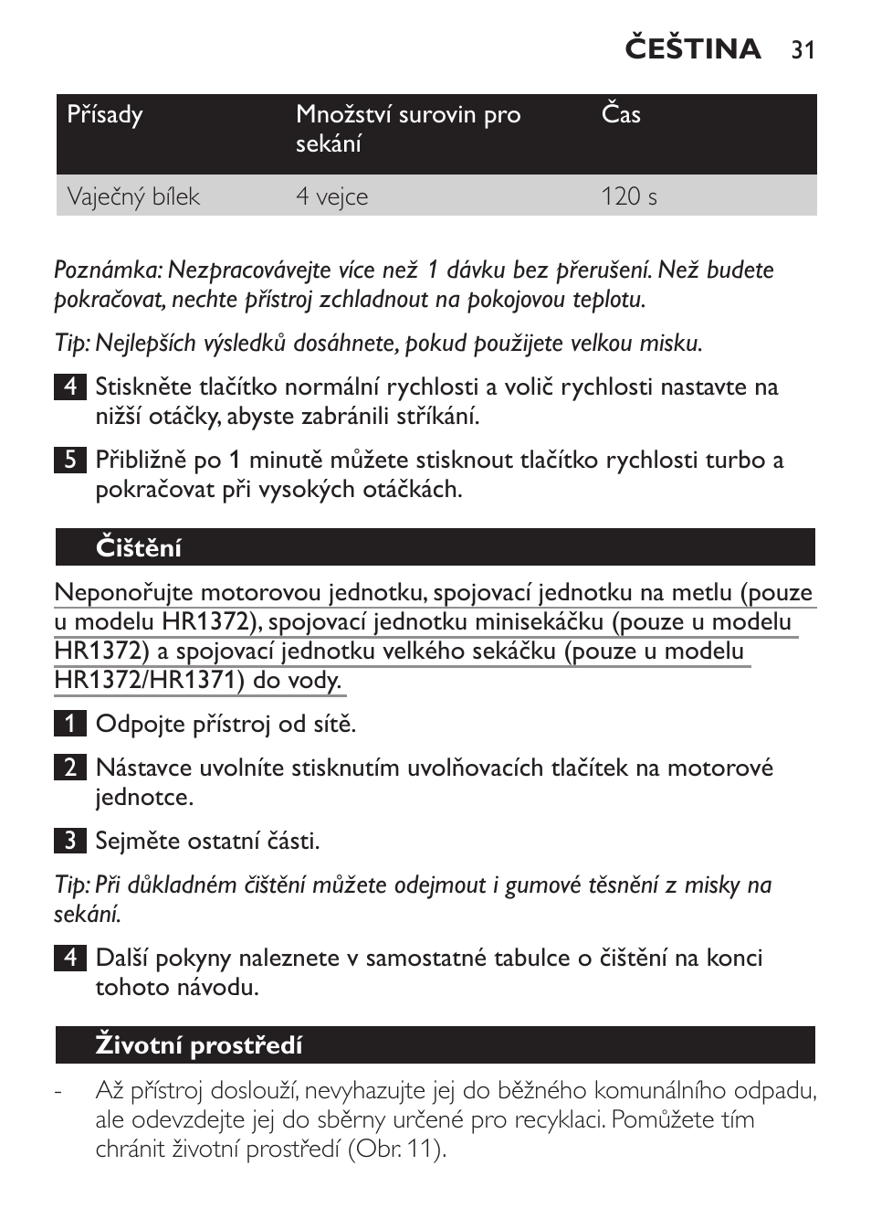 Čištění, Životní prostředí | Philips HR1371 User Manual | Page 31 / 156
