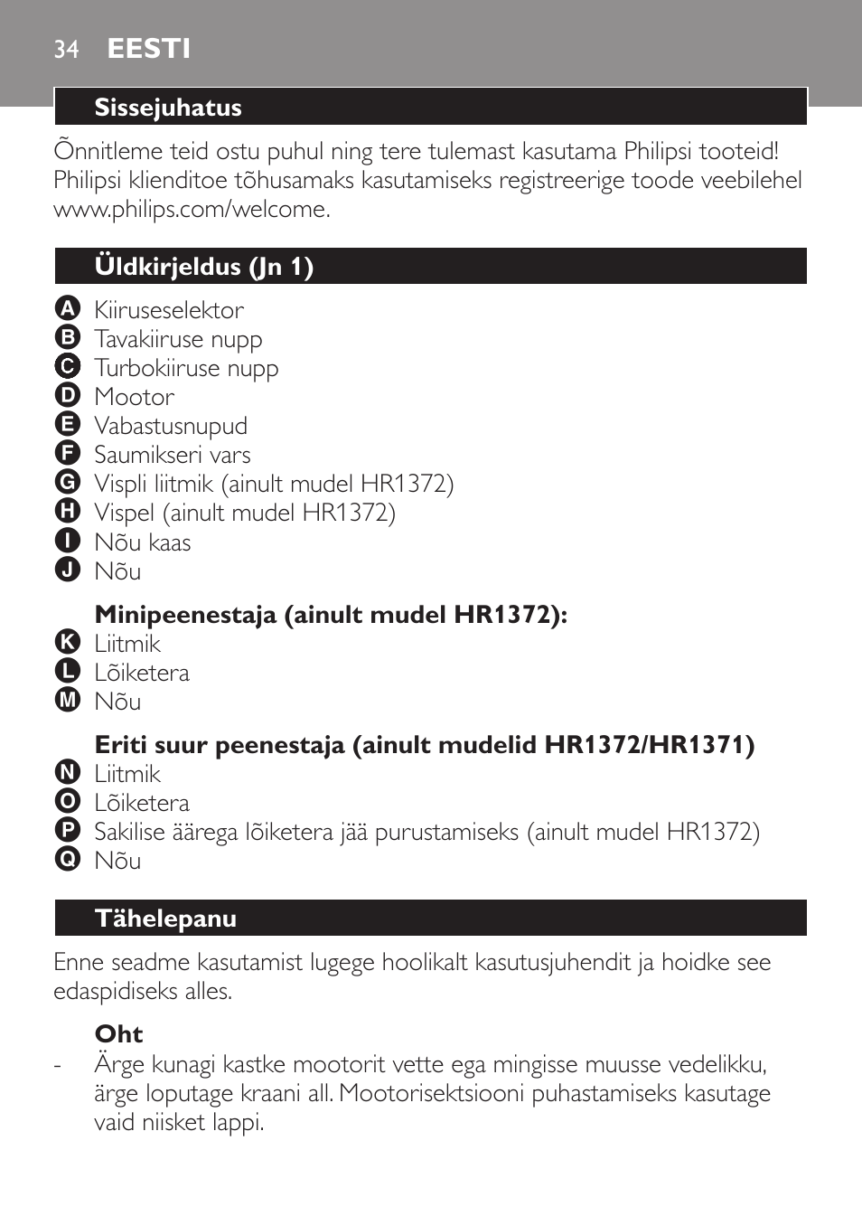 Minipeenestaja (ainult mudel hr1372), Eesti, Sissejuhatus | Üldkirjeldus (jn 1), Tähelepanu | Philips HR1371 User Manual | Page 34 / 156