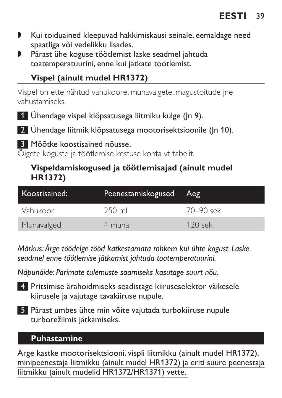 Vispel (ainult mudel hr1372), Puhastamine | Philips HR1371 User Manual | Page 39 / 156