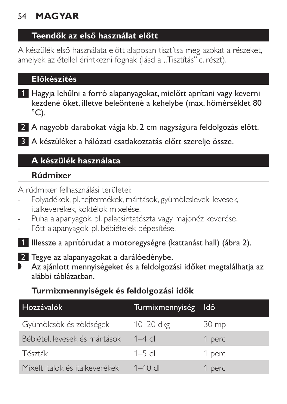 Teendők az első használat előtt, Előkészítés, A készülék használata | Rúdmixer, Turmixmennyiségek és feldolgozási idők | Philips HR1371 User Manual | Page 54 / 156