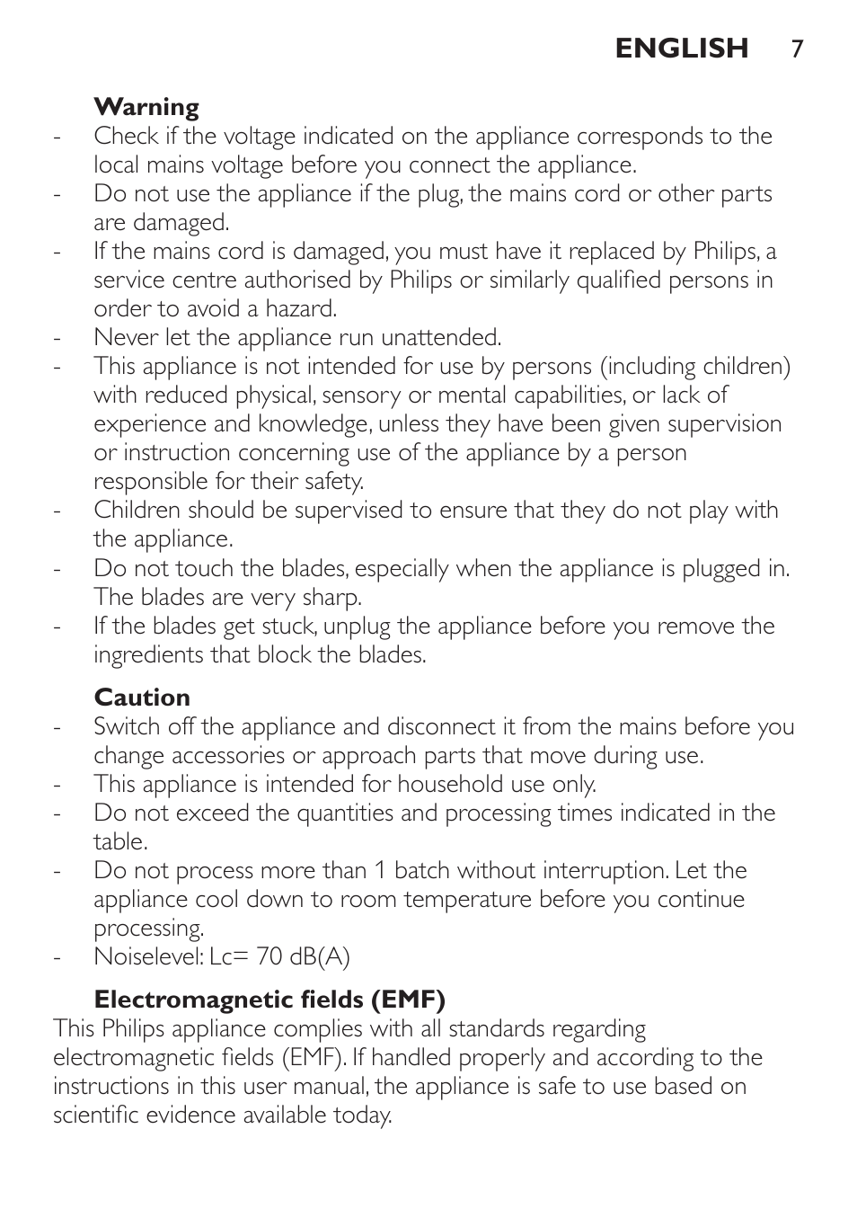 Warning, Caution, Electromagnetic fields (emf) | Philips HR1371 User Manual | Page 7 / 156