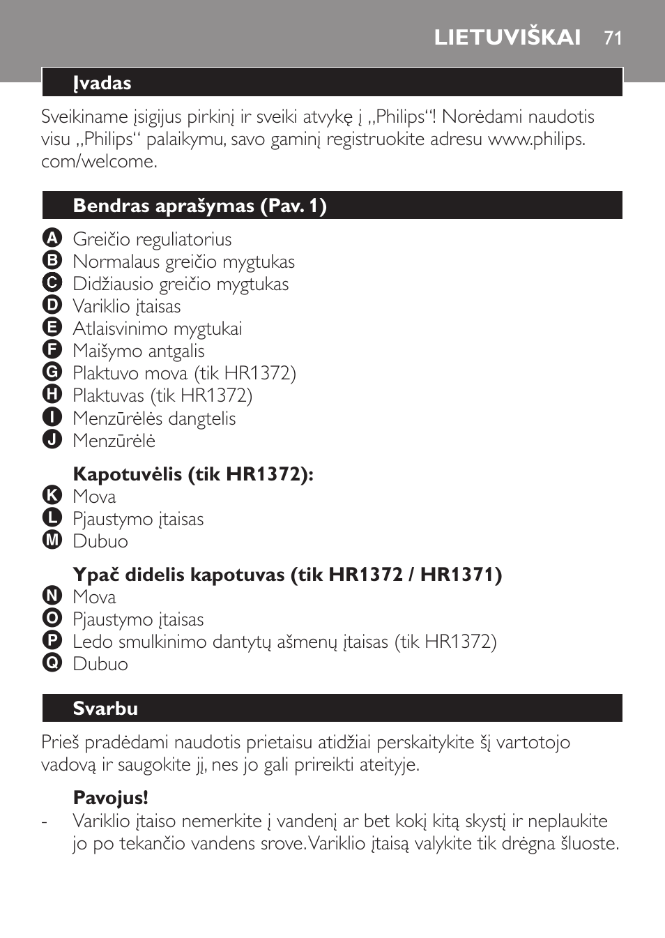 Kapotuvėlis (tik hr1372), Ypač didelis kapotuvas (tik hr1372 / hr1371), Pavojus | Lietuviškai, Įvadas, Bendras aprašymas (pav. 1), Svarbu | Philips HR1371 User Manual | Page 71 / 156