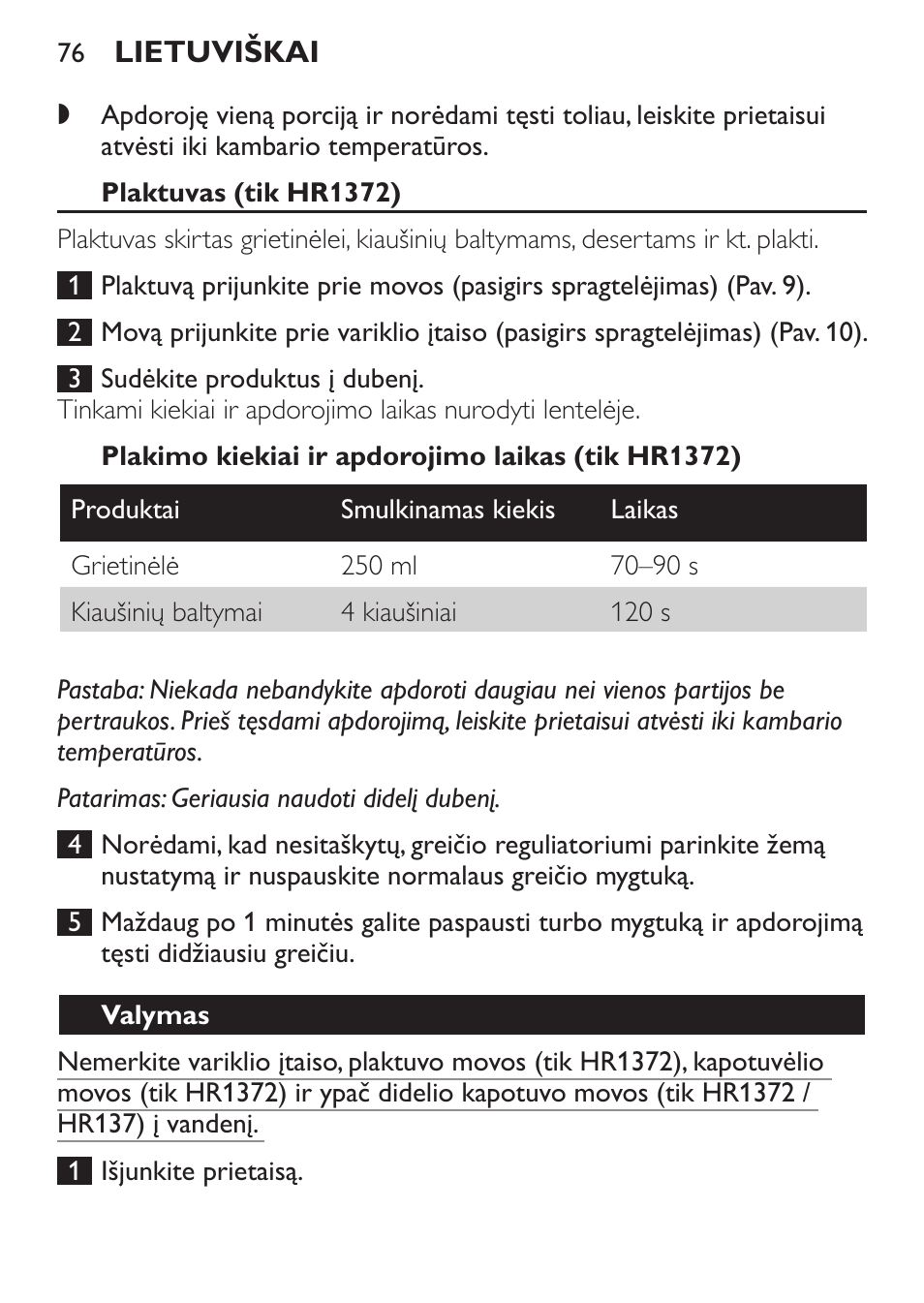 Plaktuvas (tik hr1372), Plakimo kiekiai ir apdorojimo laikas (tik hr1372), Valymas | Philips HR1371 User Manual | Page 76 / 156