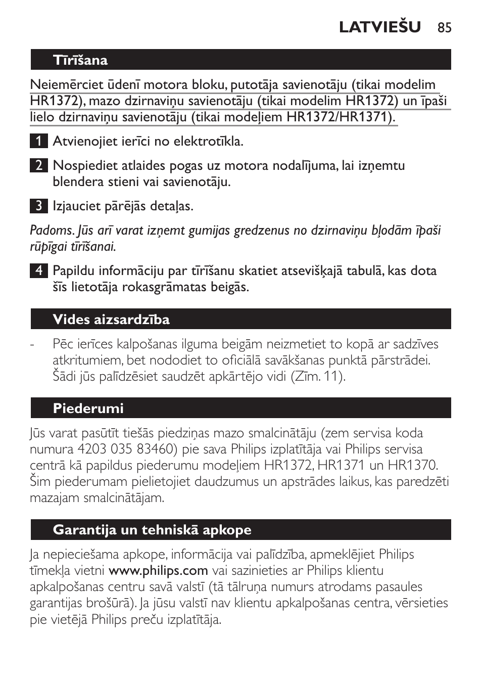 Tīrīšana, Vides aizsardzība, Piederumi | Garantija un tehniskā apkope | Philips HR1371 User Manual | Page 85 / 156