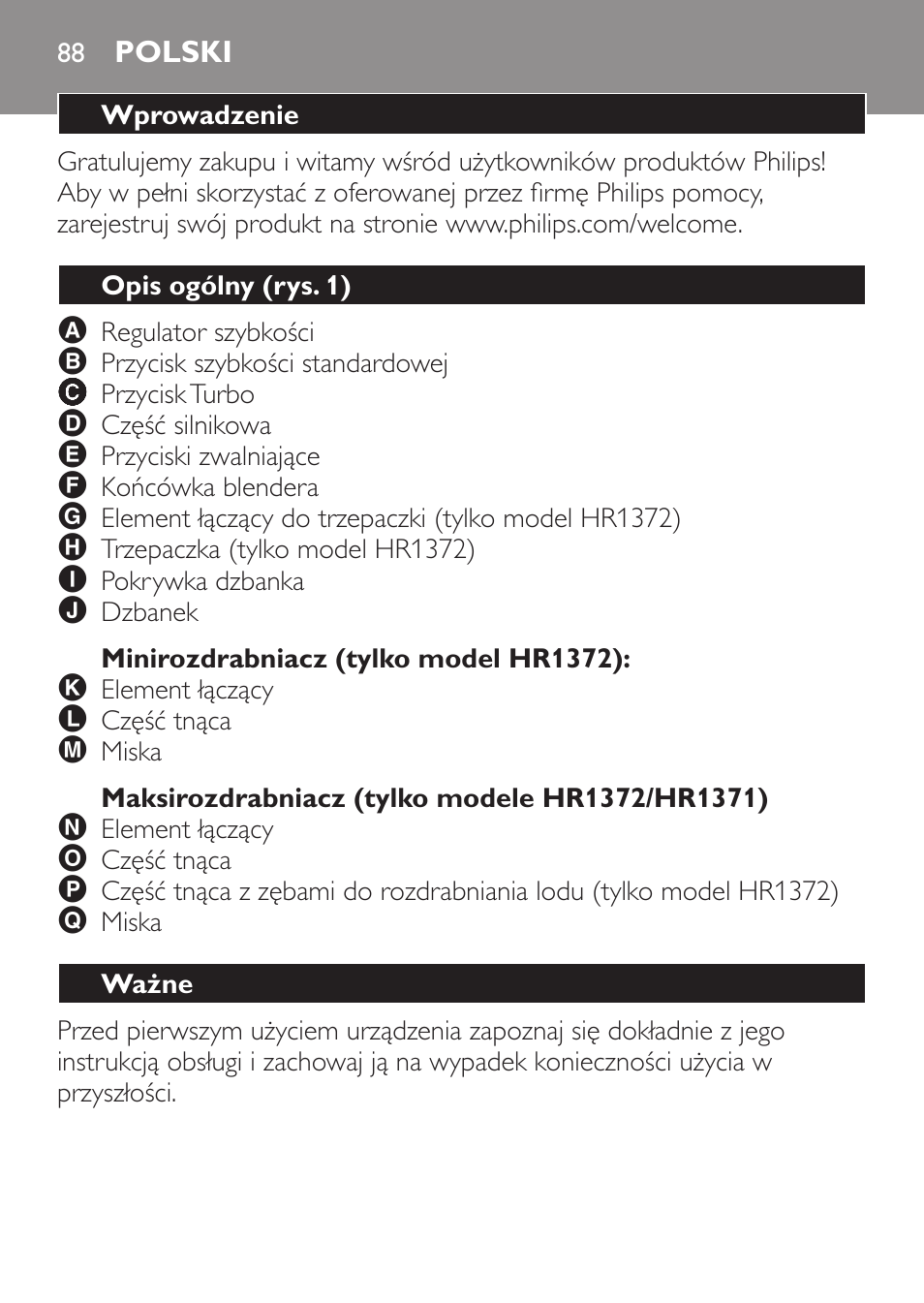 Minirozdrabniacz (tylko model hr1372), Maksirozdrabniacz (tylko modele hr1372/hr1371), Polski | Wprowadzenie, Opis ogólny (rys. 1), Ważne | Philips HR1371 User Manual | Page 88 / 156