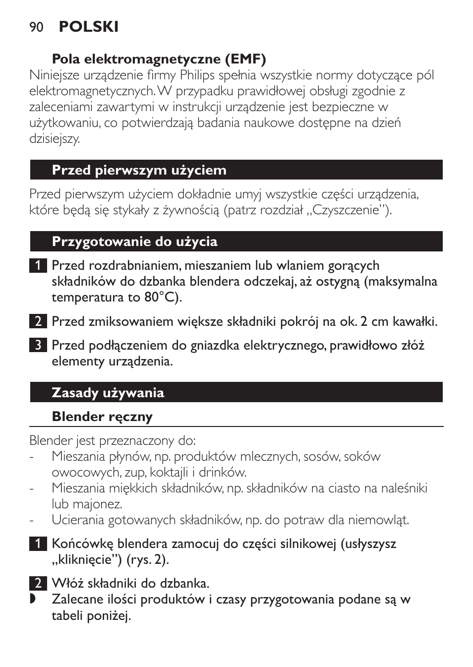 Pola elektromagnetyczne (emf), Przed pierwszym użyciem, Przygotowanie do użycia | Zasady używania, Blender ręczny | Philips HR1371 User Manual | Page 90 / 156