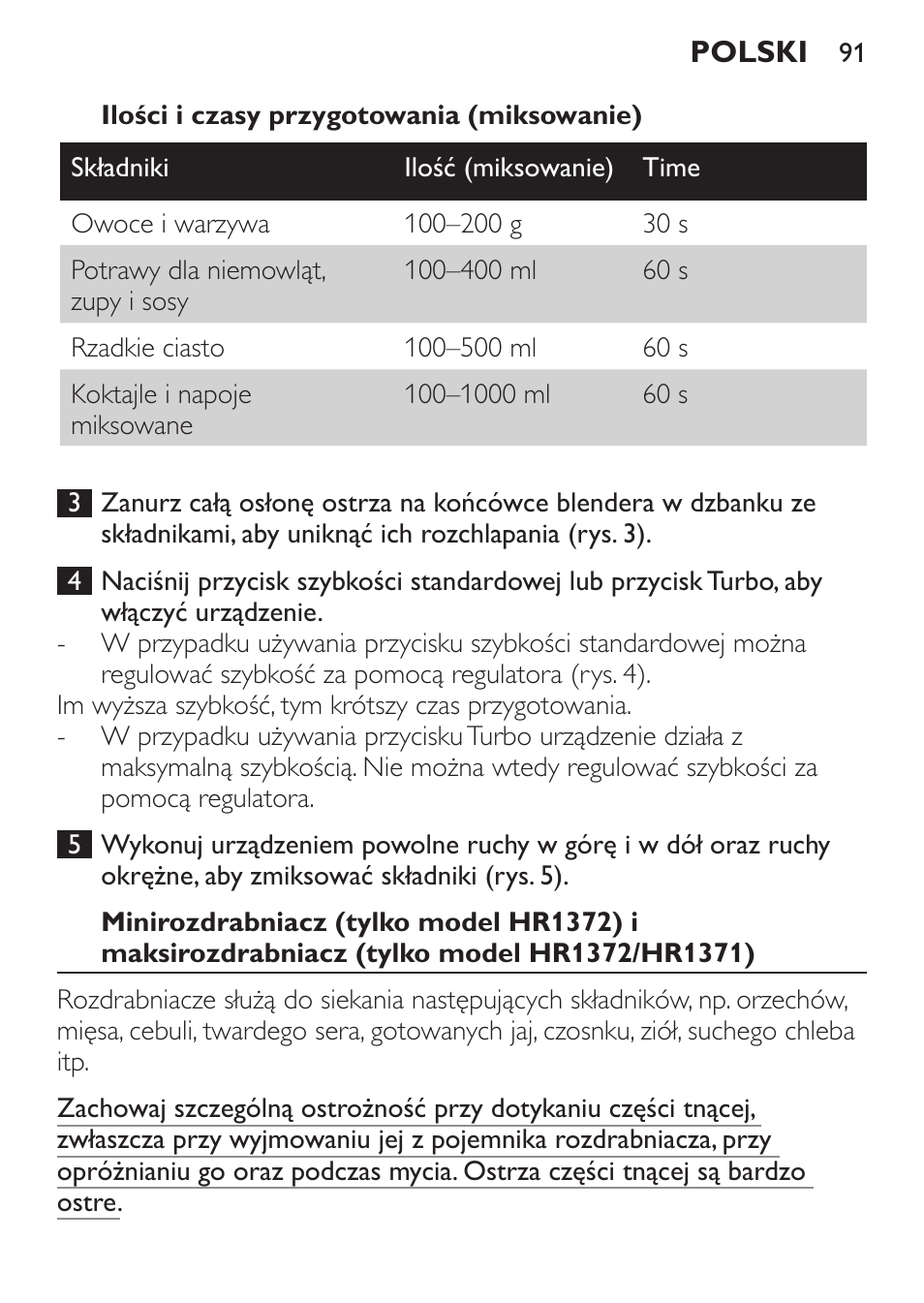 Ilości i czasy przygotowania (miksowanie) | Philips HR1371 User Manual | Page 91 / 156