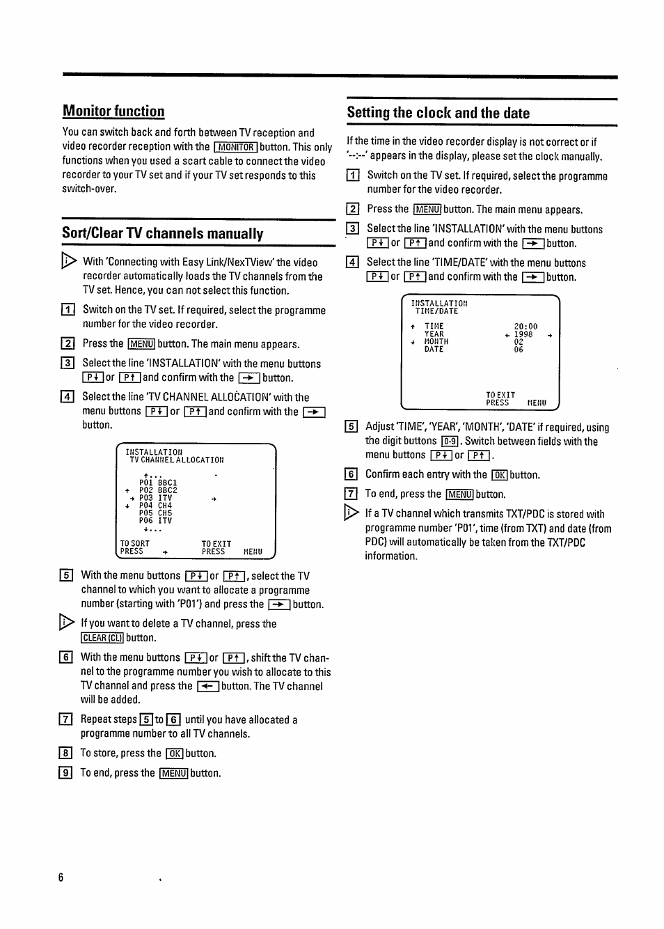 Monitor function, Sort/clear tv channels manually, Setting the clock and the date | Philips VR800 User Manual | Page 10 / 28