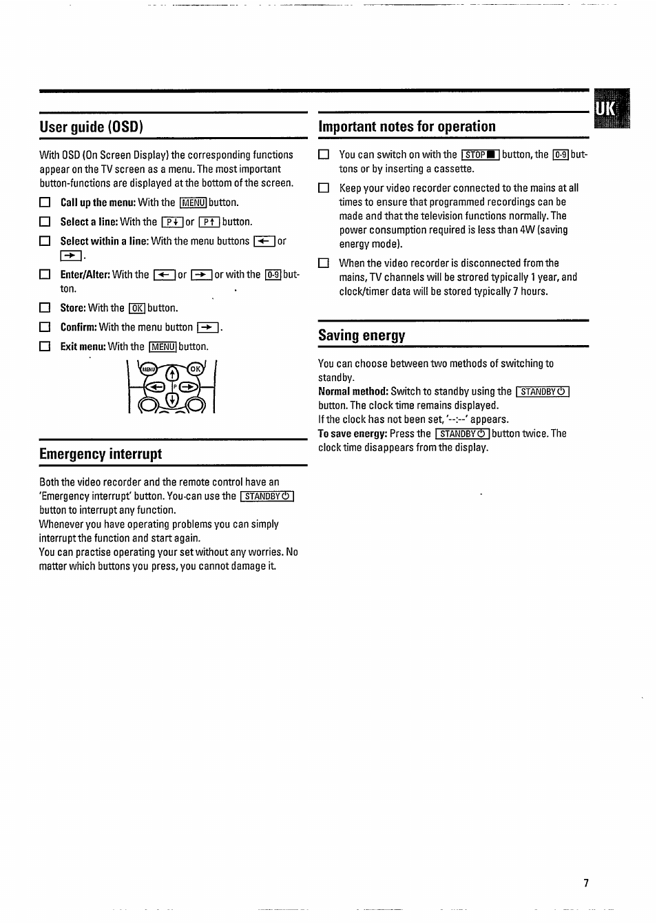 User guide (osd), Emergency interrupt, Important notes for operation | Saving energy | Philips VR800 User Manual | Page 11 / 28