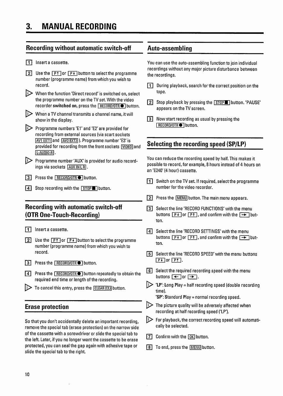 Manual recording, Erase protection, Selecting the recording speed (sp/lp) | Philips VR800 User Manual | Page 14 / 28