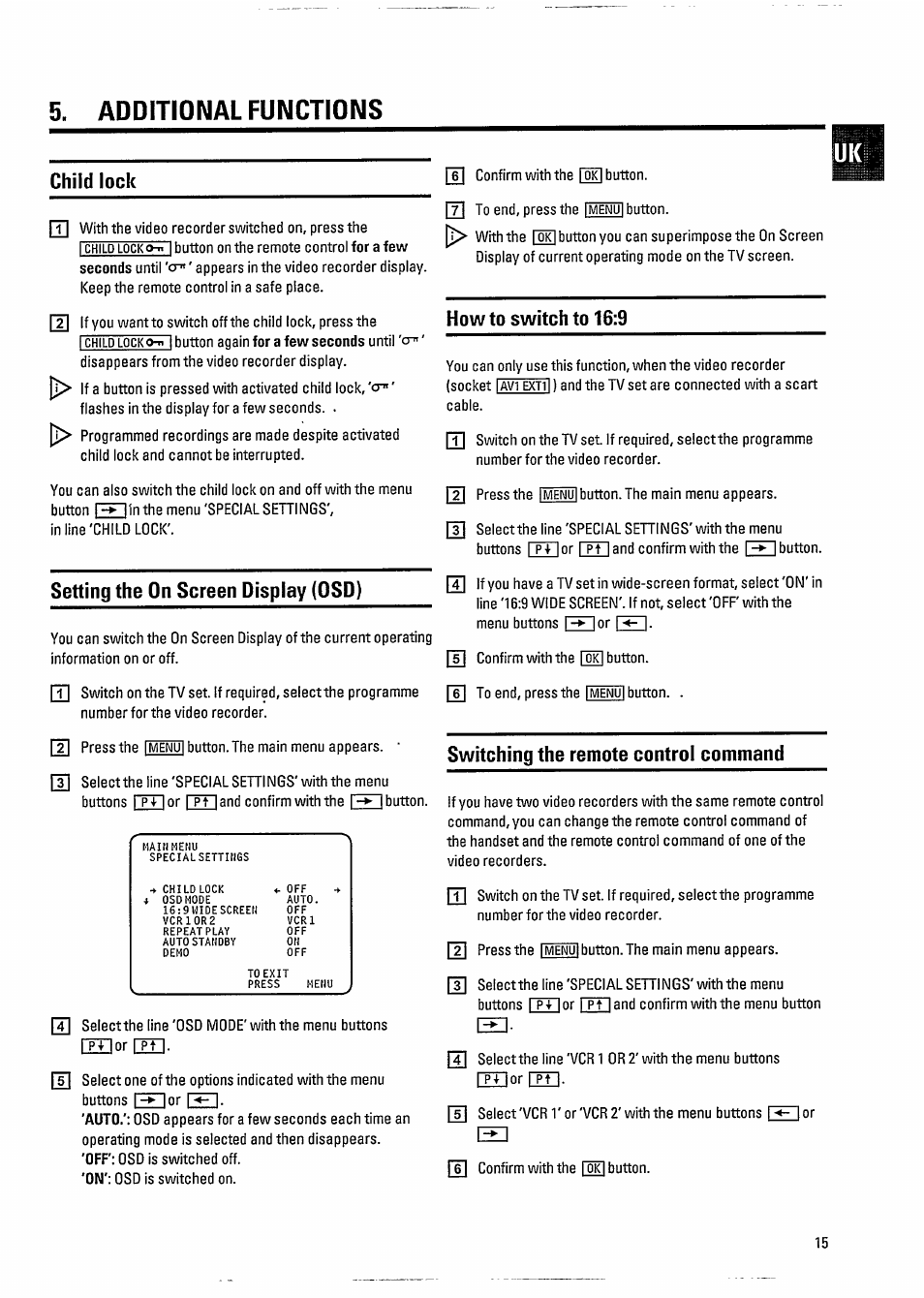 Additional functions, Child lock, Setting the on screen display (osd) | How to switch to 16:9, Switching the remote control command | Philips VR800 User Manual | Page 19 / 28