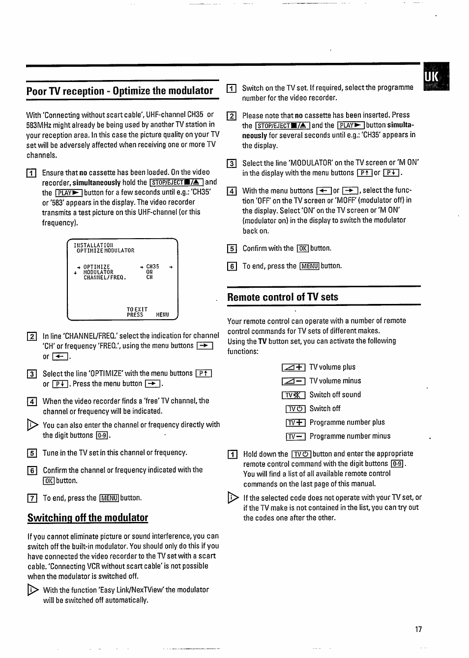 Remote control of tv sets, Switching off the modulator | Philips VR800 User Manual | Page 21 / 28