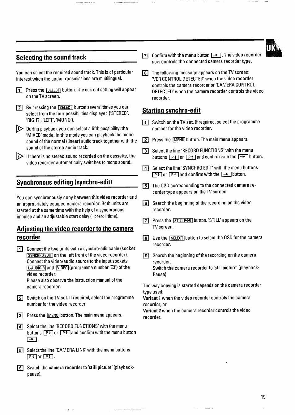 Selecting the sound track, Synchronous editing (synchro-edit), Starting svnchro-edit | Philips VR800 User Manual | Page 23 / 28